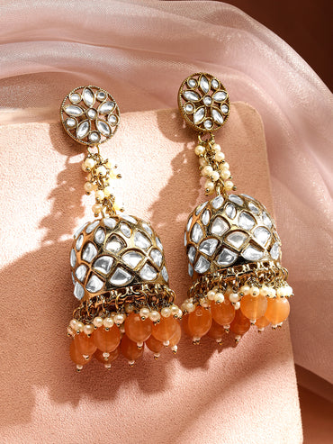 Rubans Handcrafted 22K Gold Plated Kundan Studded Dome Jhumka Earrings with Peach & Pearl Beads