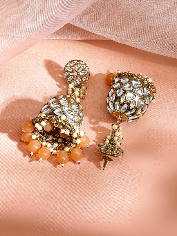 Rubans Handcrafted 22K Gold Plated Kundan Studded Dome Jhumka Earrings with Peach & Pearl Beads