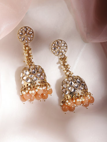 Rubans Handcrafted 22K Gold Plated Kundan Studded Dome Jhumka Earrings with Peach & Pearl Beads