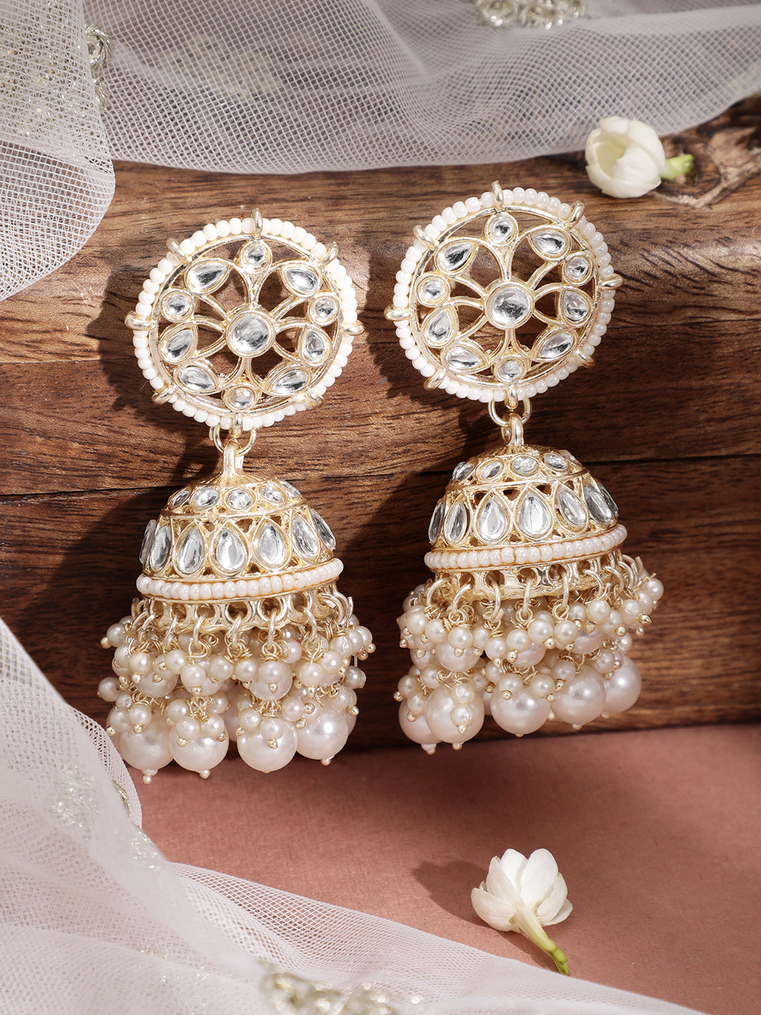 Rubans 24K Gold Plated Handcrafted Kundan with White perals Jhumka Earrings