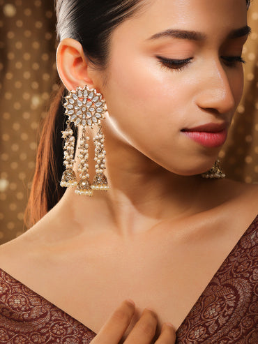 Rubans 22K Gold Plated Handcrafted Kundan Studded Floral Design 3-Layered Jhumka Earrings