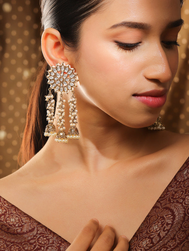 Rubans 22K Gold Plated Handcrafted Kundan Studded Floral Design 3-Layered Jhumka Earrings