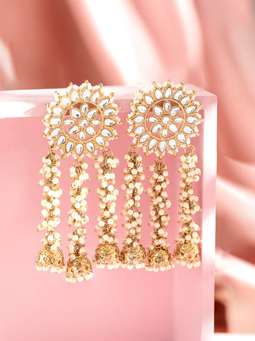 Rubans 22K Gold Plated Handcrafted Kundan Studded Floral Design 3-Layered Jhumka Earrings