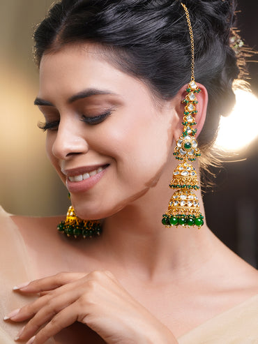 Royal Green Kundan Chain Jhumka Earrings