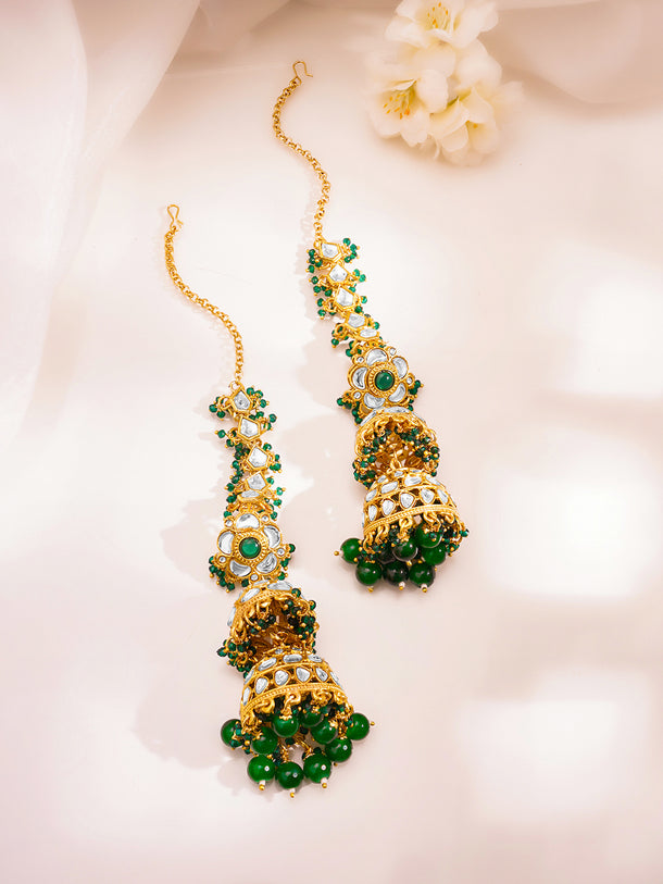 Royal Green Kundan Chain Jhumka Earrings