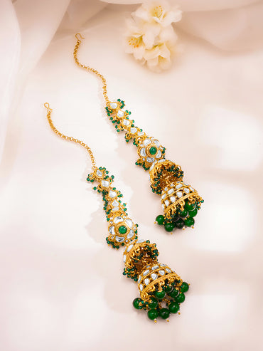 Royal Green Kundan Chain Jhumka Earrings