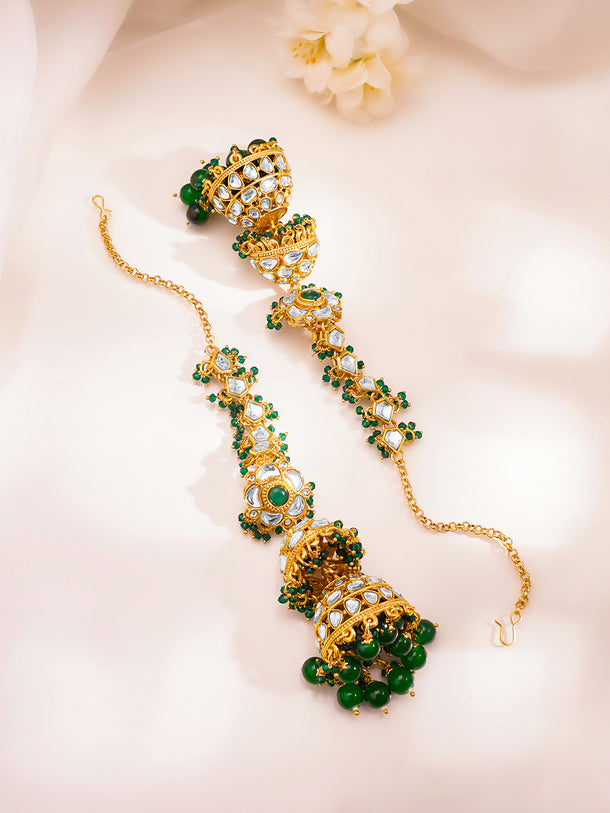Royal Green Kundan Chain Jhumka Earrings