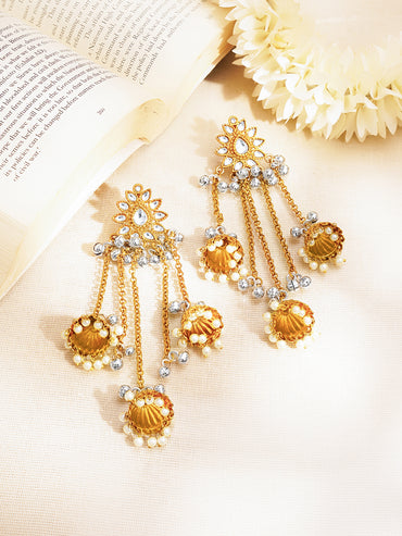Gold Plated Kundan Floral Pearl Beaded Jhumka's