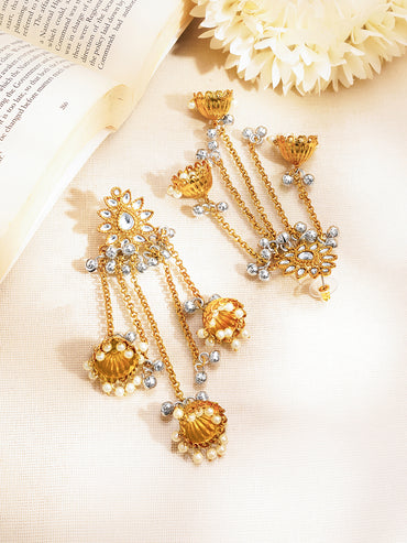 Gold Plated Kundan Floral Pearl Beaded Jhumka's