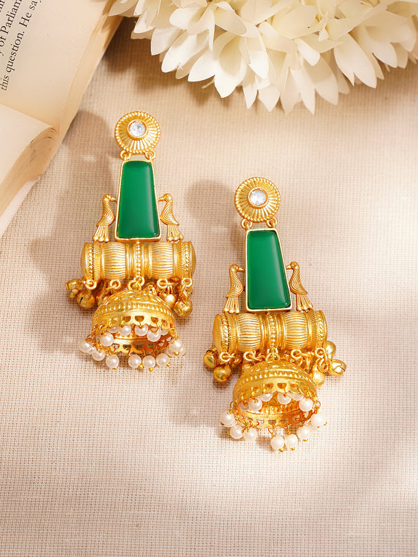 Gold-Plated Green Enamel Statement Jhumka Earrings