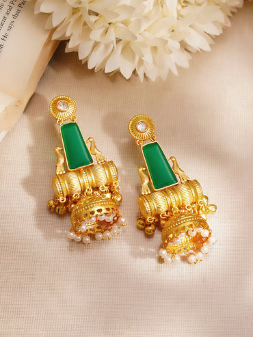 Gold-Plated Green Enamel Statement Jhumka Earrings