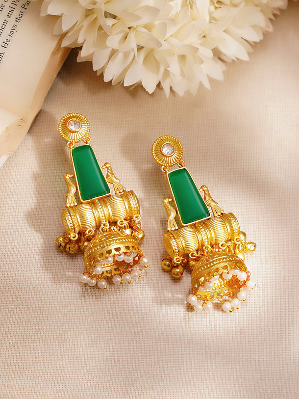 Gold-Plated Green Enamel Statement Jhumka Earrings