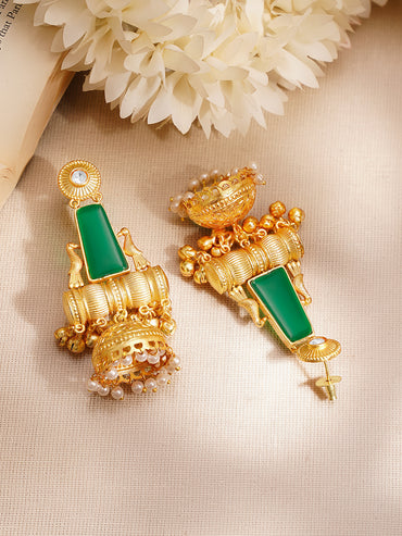 Gold-Plated Green Enamel Statement Jhumka Earrings