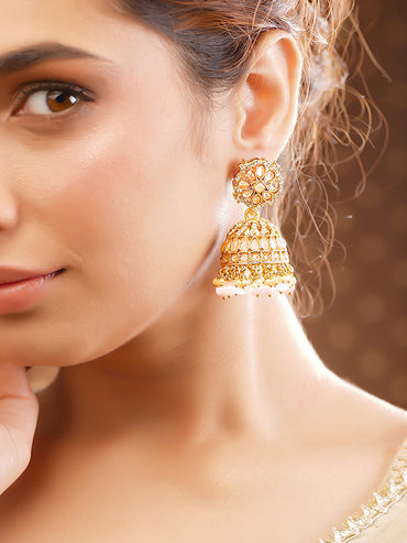 Antique Gold Plated Pastel Pink Kundan Pearl Jhumka Earrings