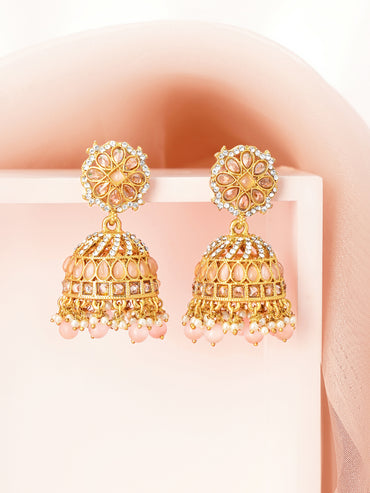 Antique Gold Plated Pastel Pink Kundan Pearl Jhumka Earrings