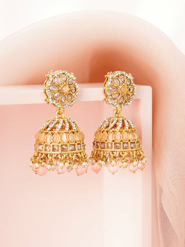 Antique Gold Plated Pastel Pink Kundan Pearl Jhumka Earrings