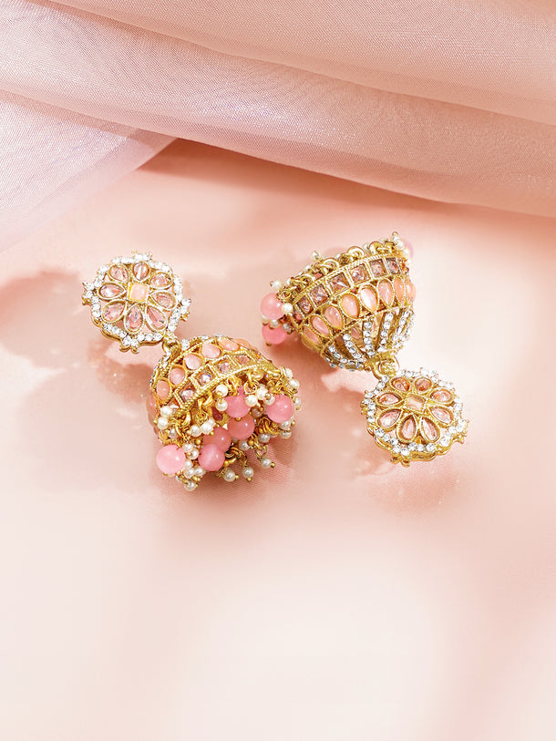 Antique Gold Plated Pastel Pink Kundan Pearl Jhumka Earrings