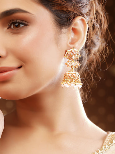 Antique Gold Plated Pastel Pink Kundan Pearl Floral Jhumka Earrings