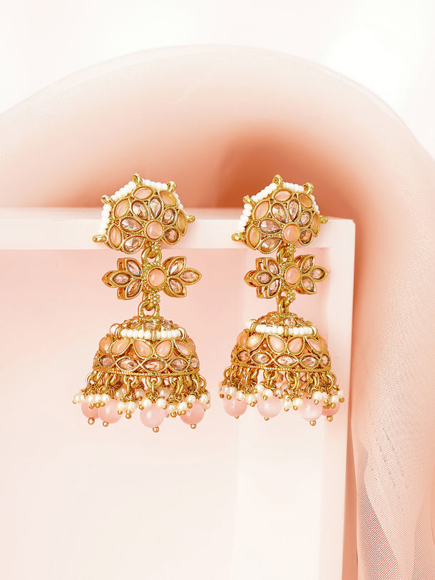 Antique Gold Plated Pastel Pink Kundan Pearl Floral Jhumka Earrings