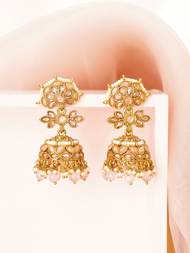 Antique Gold Plated Pastel Pink Kundan Pearl Floral Jhumka Earrings
