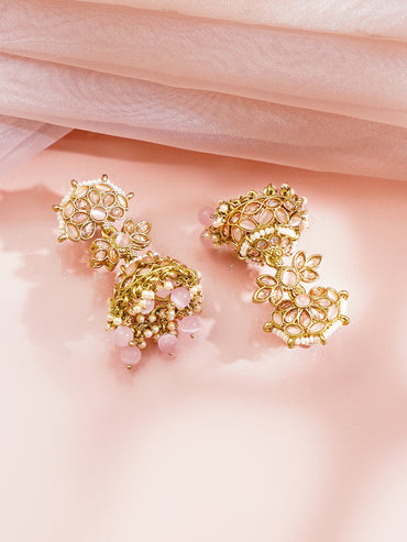 Antique Gold Plated Pastel Pink Kundan Pearl Floral Jhumka Earrings