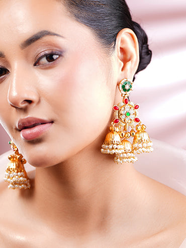 Gold-Plated Multi Jhumka Charm Statement Earrings