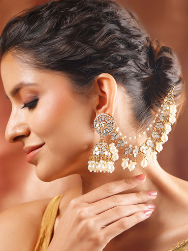 Gold Plated Pearl Beaded Kundan Kaan Chain Jhumkas