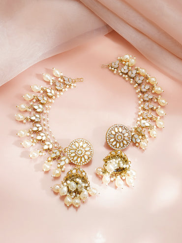 Gold Plated Pearl Beaded Kundan Kaan Chain Jhumkas