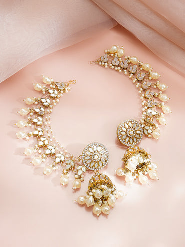 Gold Plated Pearl Beaded Kundan Kaan Chain Jhumkas