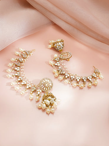 Gold Plated Pearl Beaded Kundan Kaan Chain Jhumkas