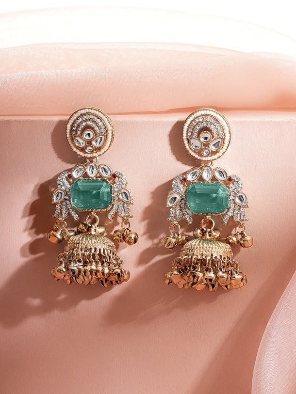 Gold Plated Emerald Whisper Kundan Pearl Chandbalis Earrings