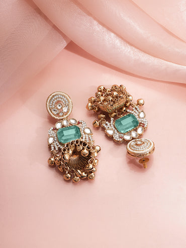 Gold Plated Emerald Whisper Kundan Pearl Chandbalis Earrings
