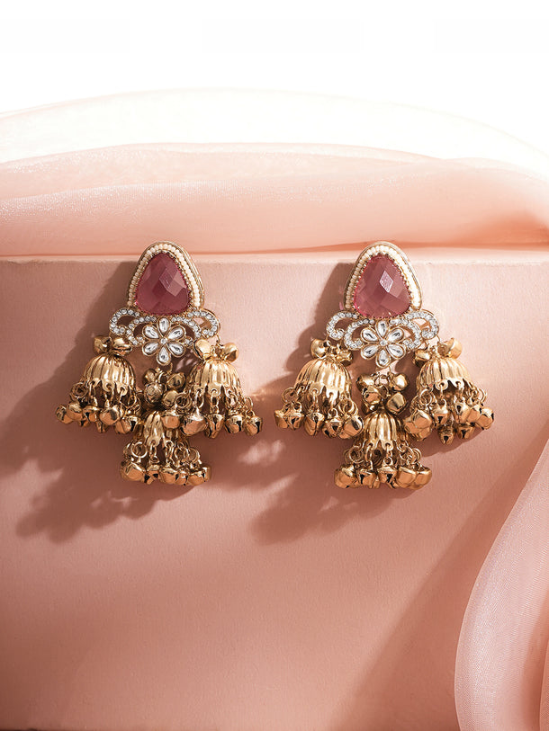 Gold Plated Blush Bloom Ghungroo Trio Kundan Jhumka Earrings