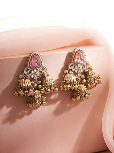 Gold Plated Blush Bloom Ghungroo Trio Kundan Jhumka Earrings