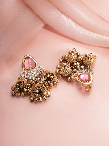 Gold Plated Blush Bloom Ghungroo Trio Kundan Jhumka Earrings