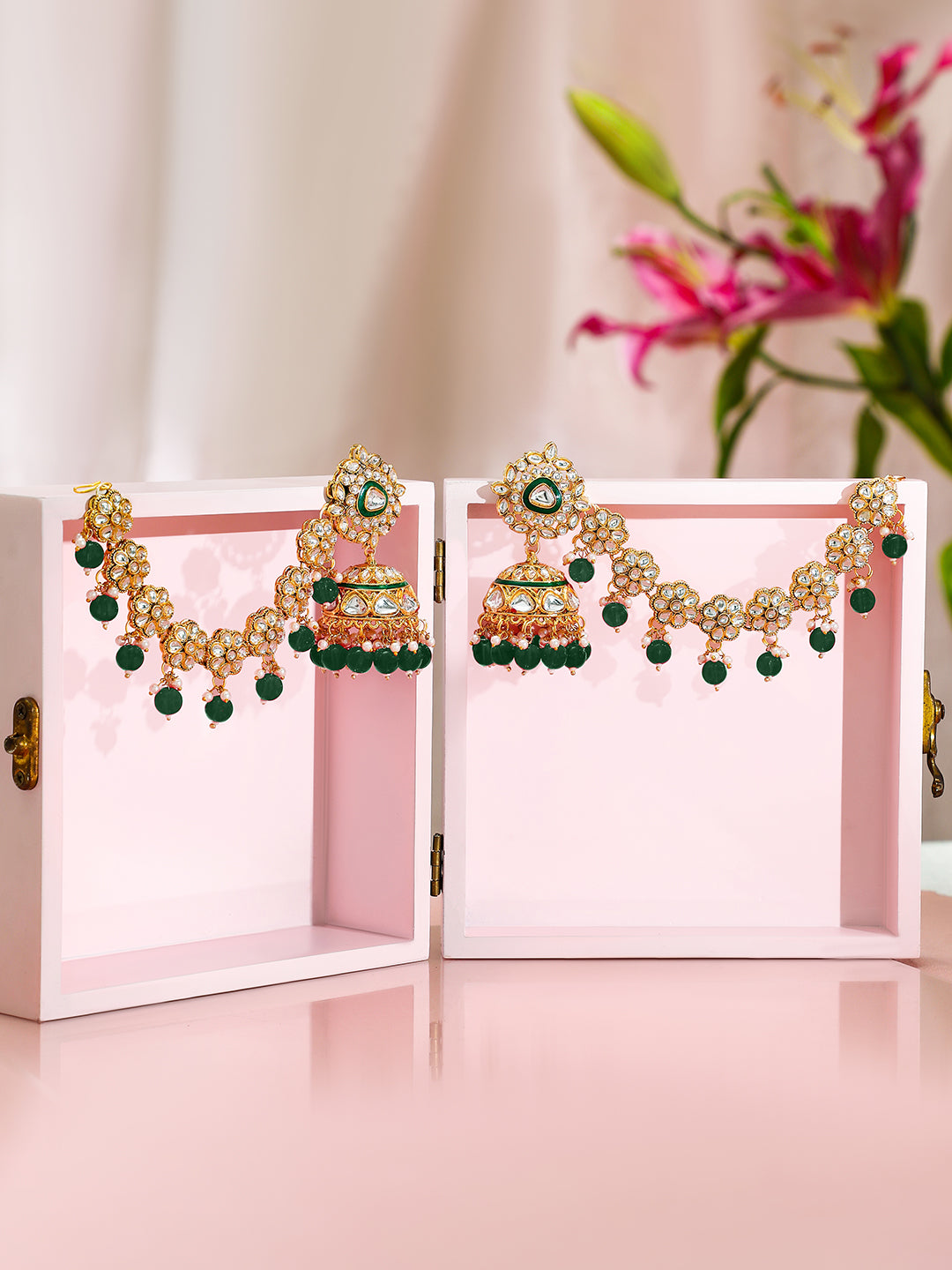 Royal Kaan Chain Kundan Green Jhumka Earrings