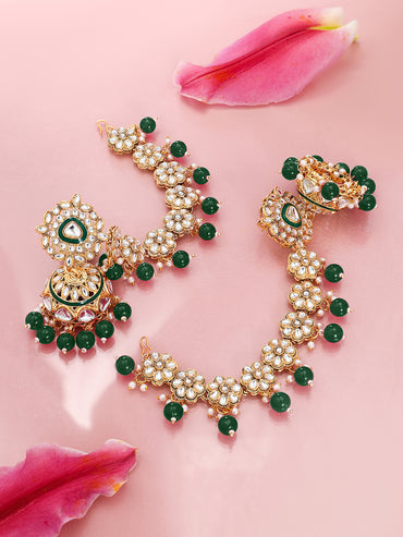 Royal Kaan Chain Kundan Green Jhumka Earrings