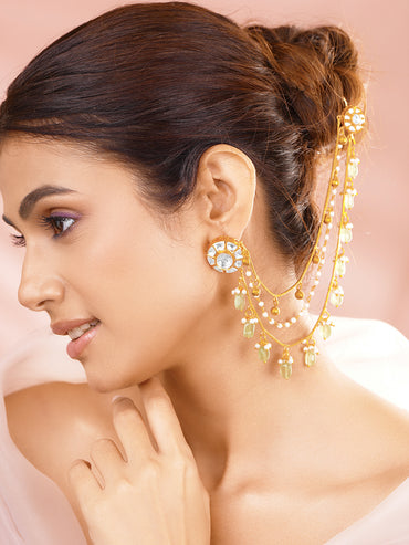 Gold-Plated White & Mint Kundan Beaded Ear Kaan Chain Earrings