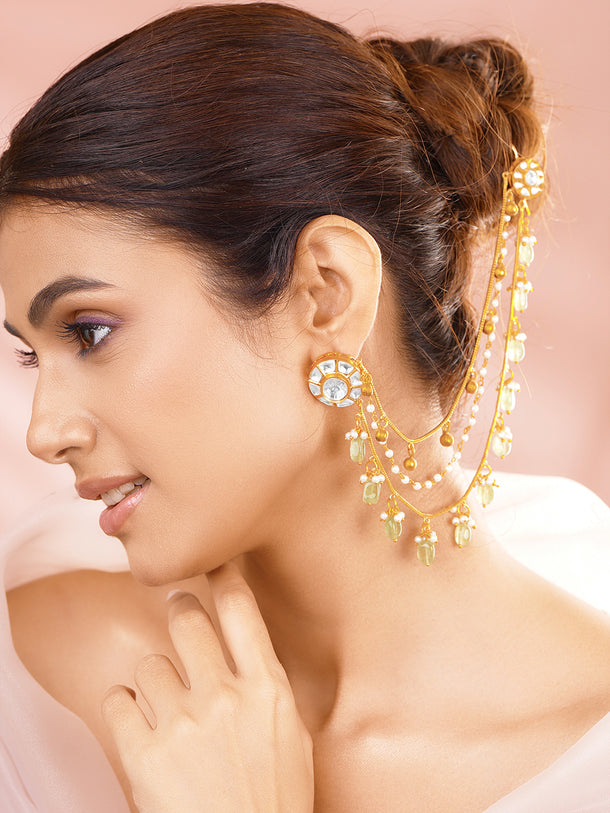 Gold-Plated White & Mint Kundan Beaded Ear Kaan Chain Earrings
