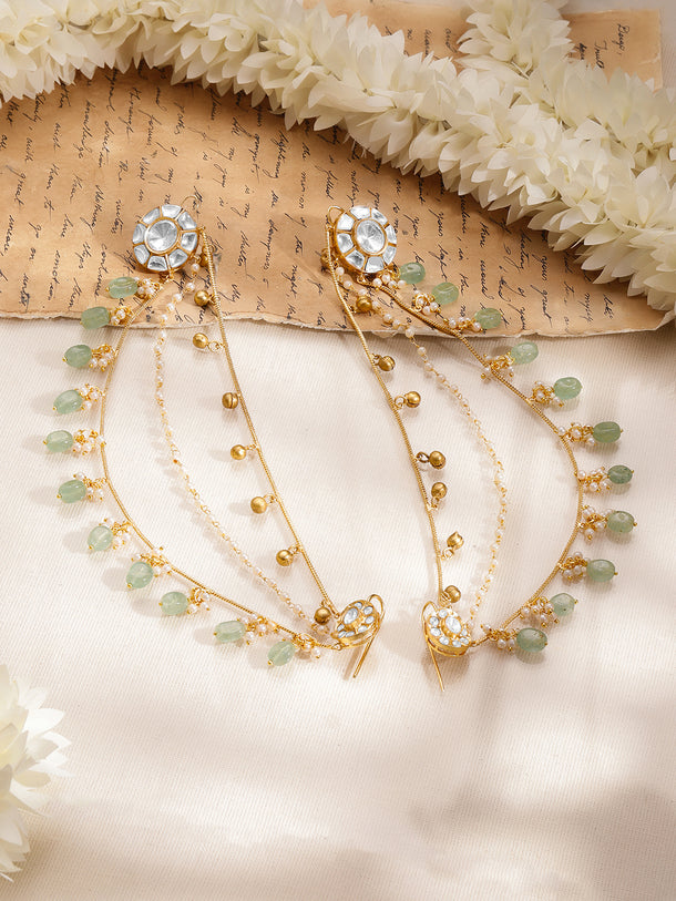 Gold-Plated White & Mint Kundan Beaded Ear Kaan Chain Earrings