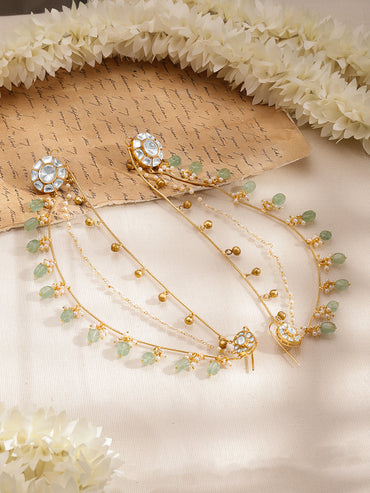 Gold-Plated White & Mint Kundan Beaded Ear Kaan Chain Earrings