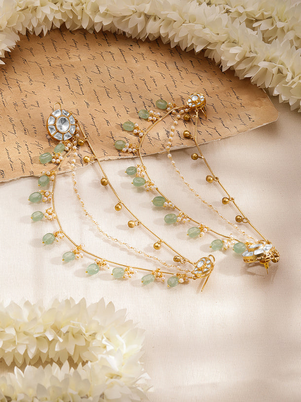Gold-Plated White & Mint Kundan Beaded Ear Kaan Chain Earrings