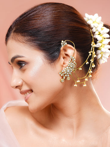 Gold-Plated White Kundan Pearl Kaan Chain Earrings
