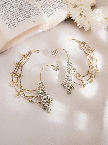 Gold-Plated White Kundan Pearl Kaan Chain Earrings