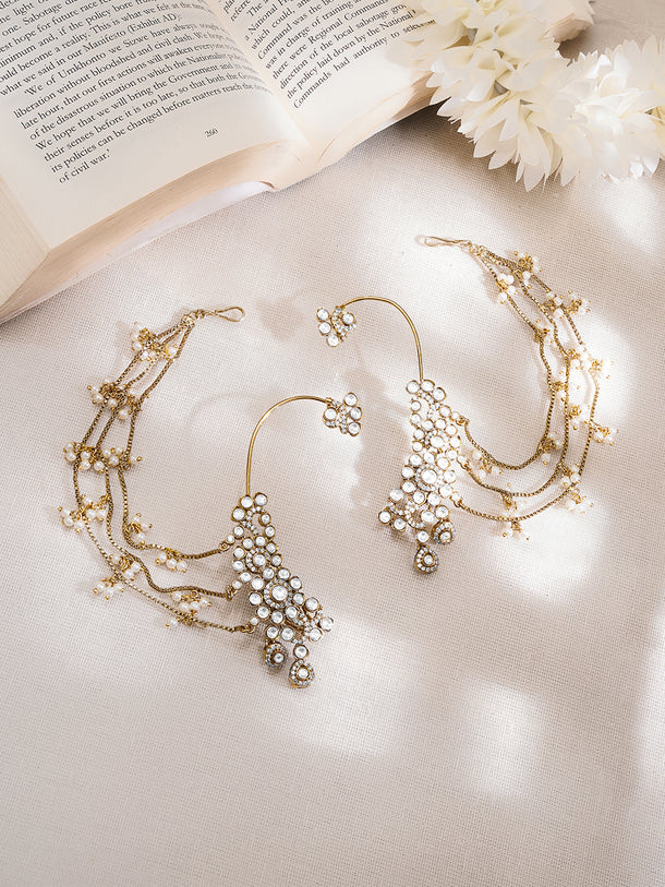 Gold-Plated White Kundan Pearl Kaan Chain Earrings