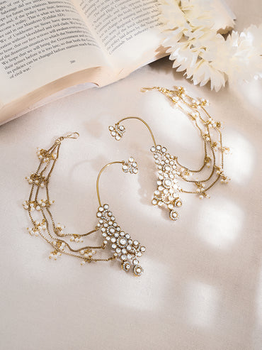 Gold-Plated White Kundan Pearl Kaan Chain Earrings
