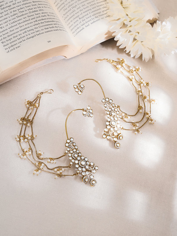 Gold-Plated White Kundan Pearl Kaan Chain Earrings