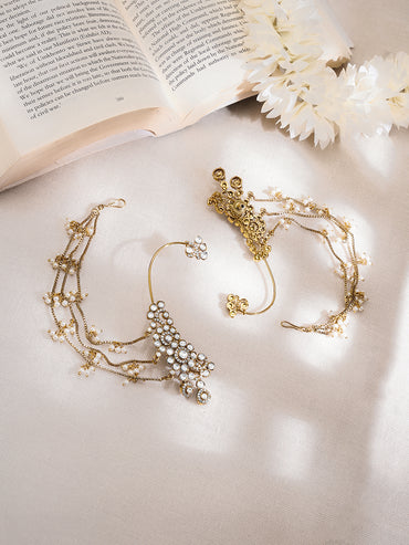 Gold-Plated White Kundan Pearl Kaan Chain Earrings