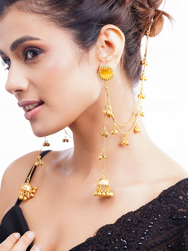 Gold-Plated Yellow Enamel Chain Tassel Kashmiri Jhumka Earrings