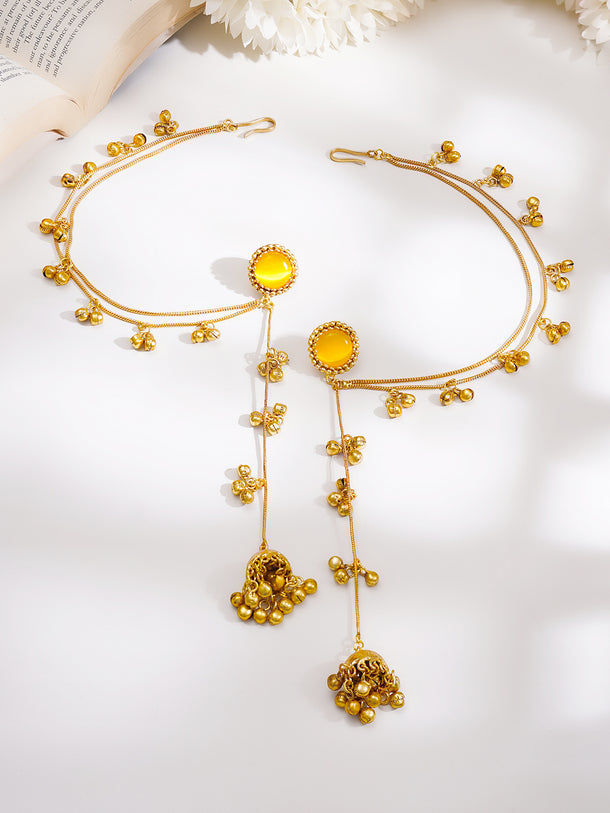 Gold-Plated Yellow Enamel Chain Tassel Kashmiri Jhumka Earrings